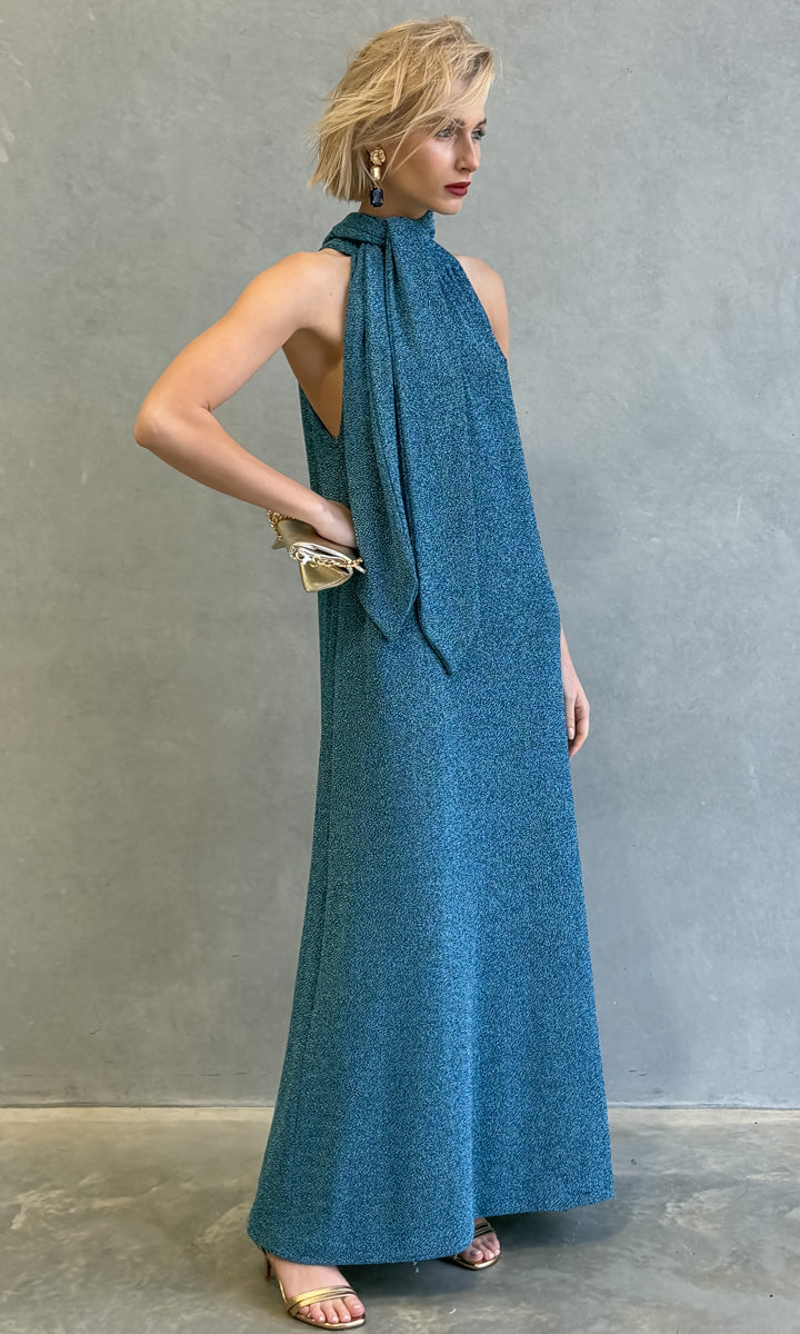 HOSS — Capri blue metallic halter maxi dress with a fluid silhouette.