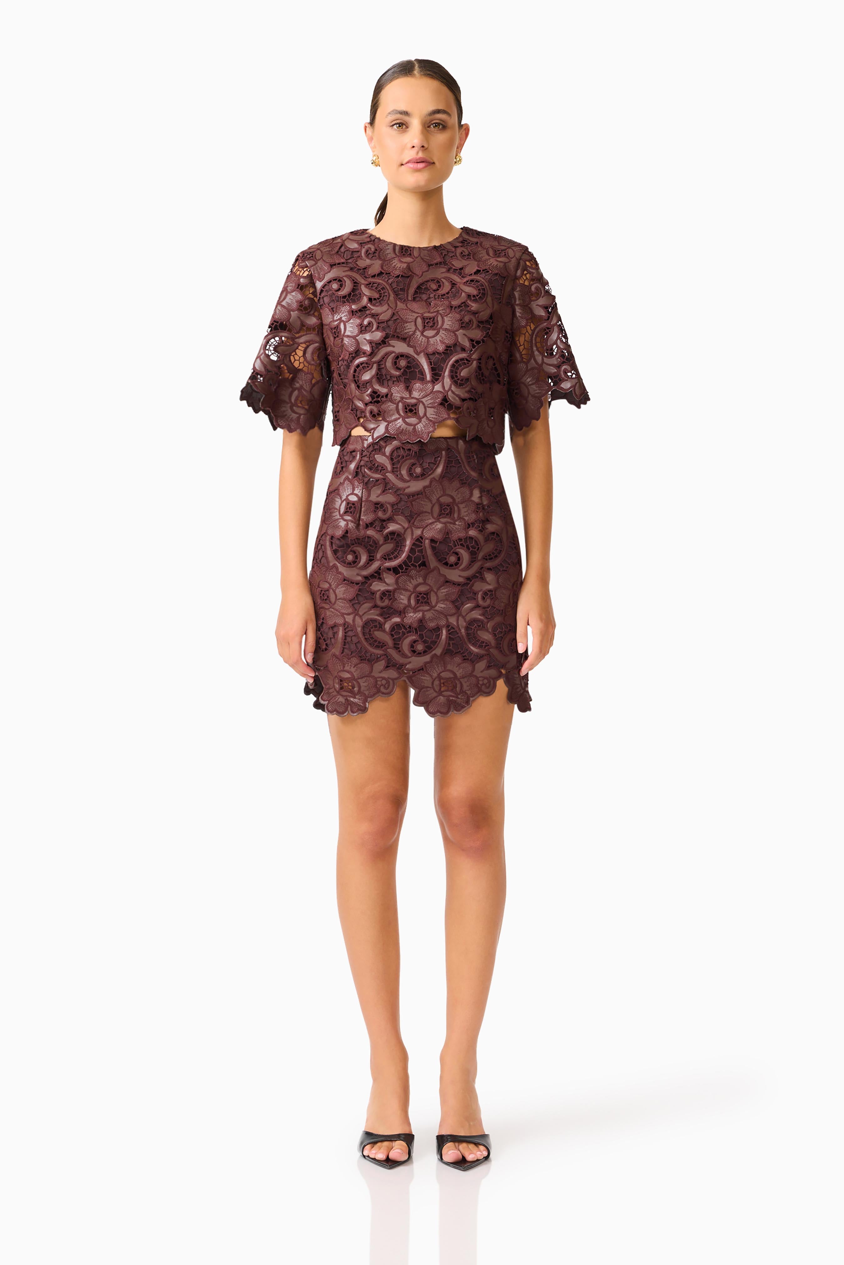 ELLIATT — Novelle top and mini skirt set in chocolate brown.