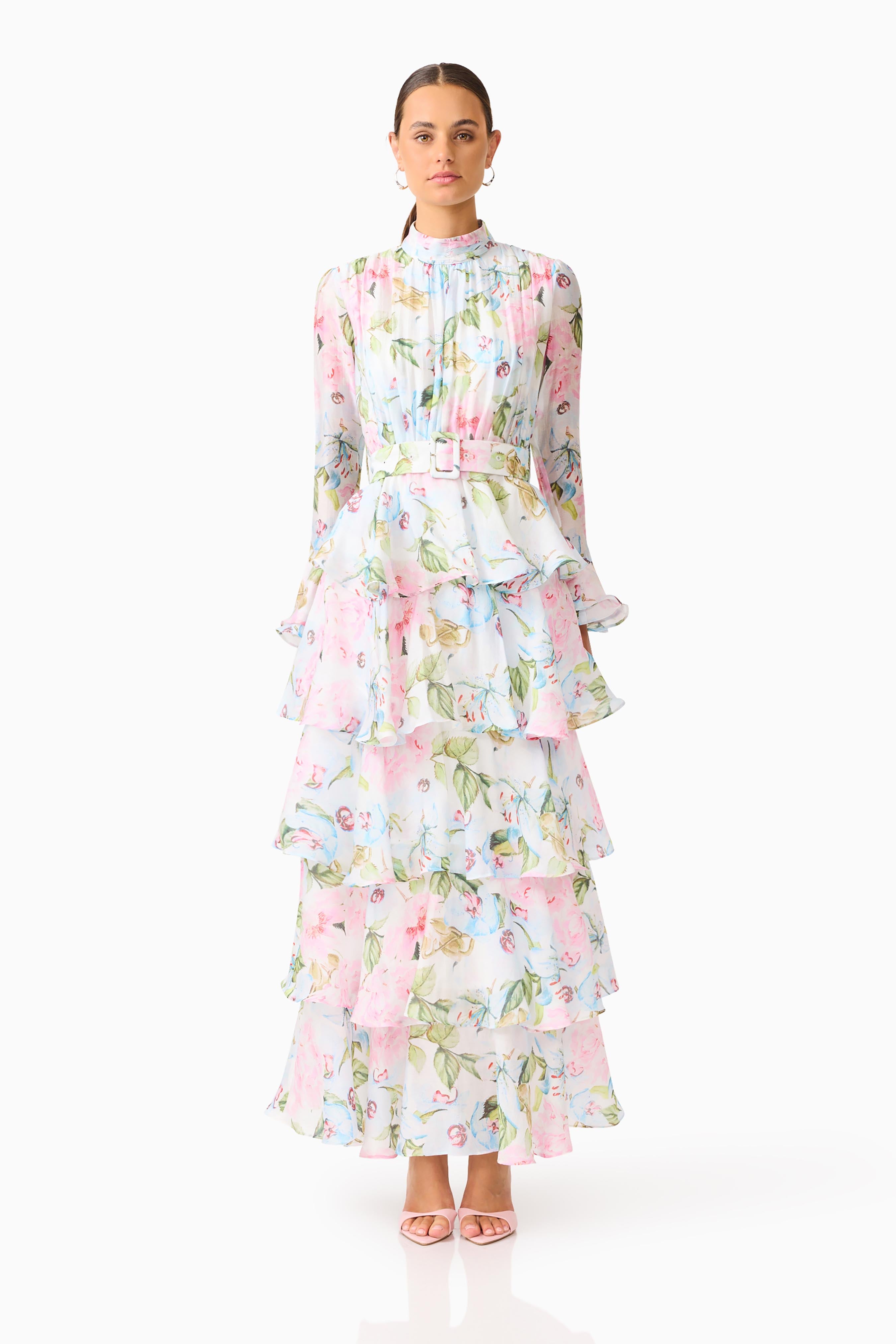 ELLIATT — Florisse tiered maxi dress in blue and pink floral.