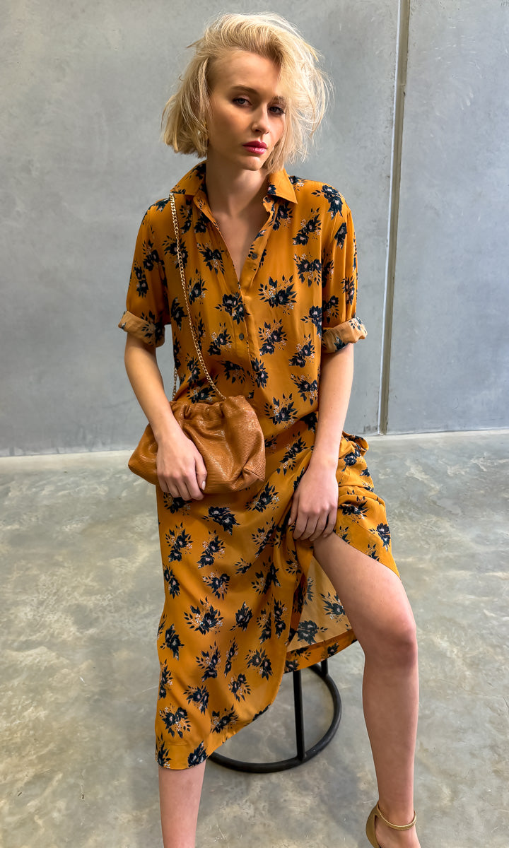 HOSS — Kelvin midi dress in floral rust.