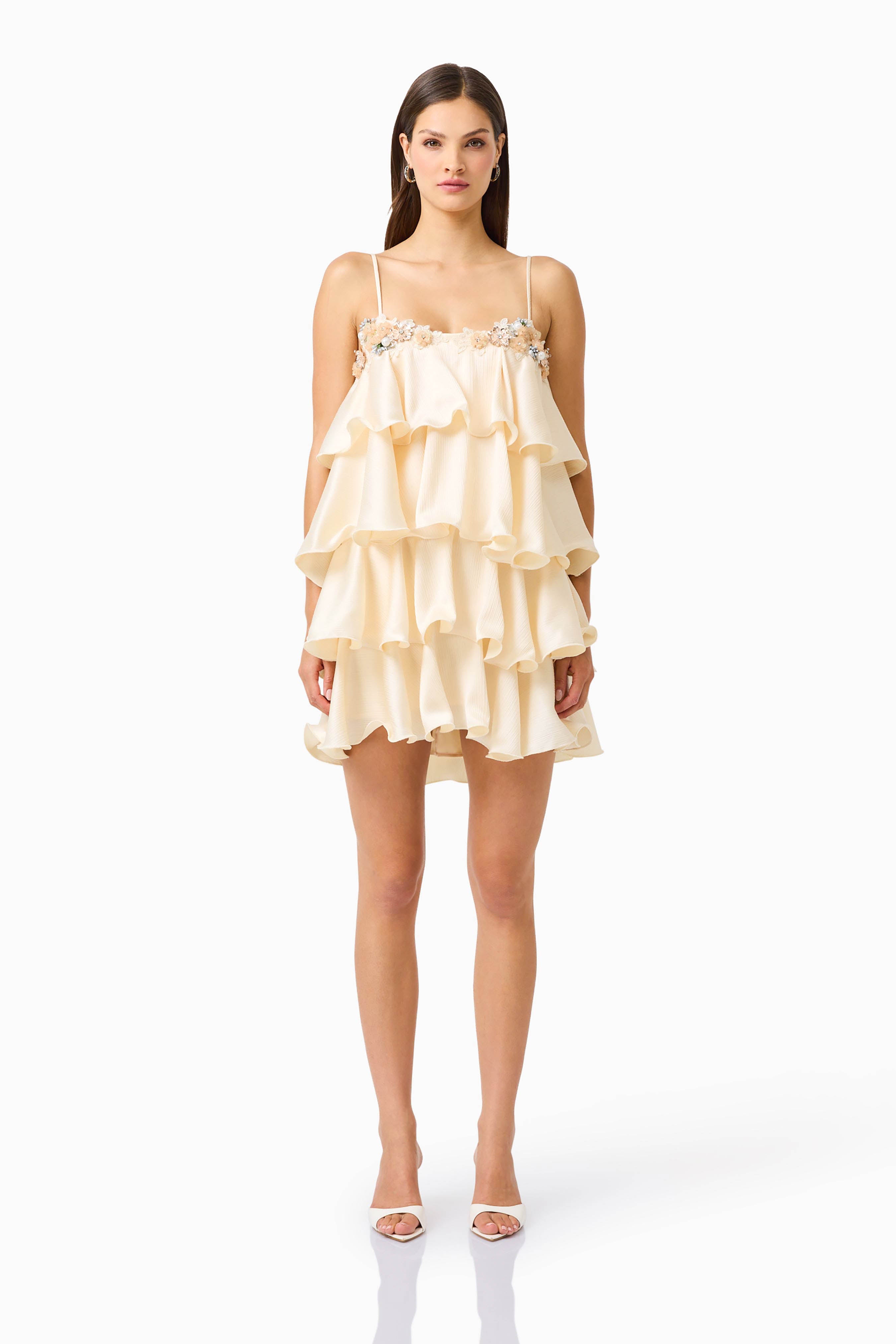ELLIATT — Poselia tiered mini dress in antique white.