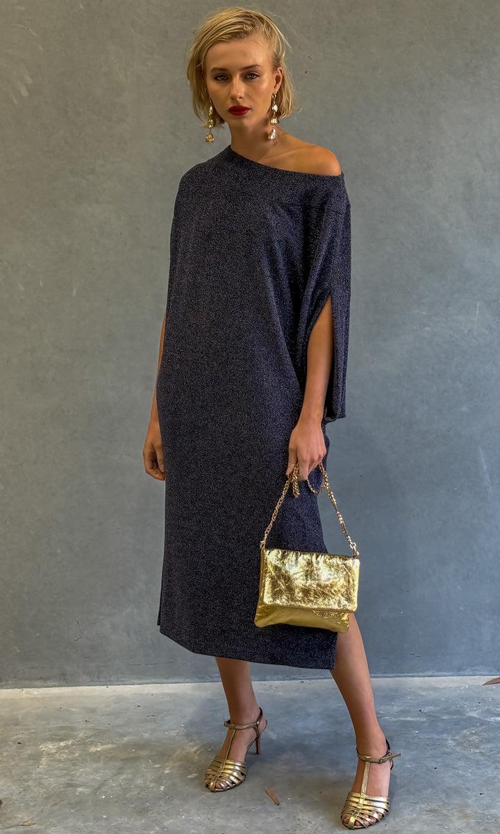 HOSS — Aramis knitted off-shoulder midi in midnight blue.