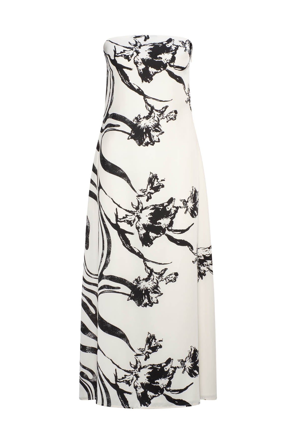 ELLIATT — Ruby strapless midi dress in white and black floral.