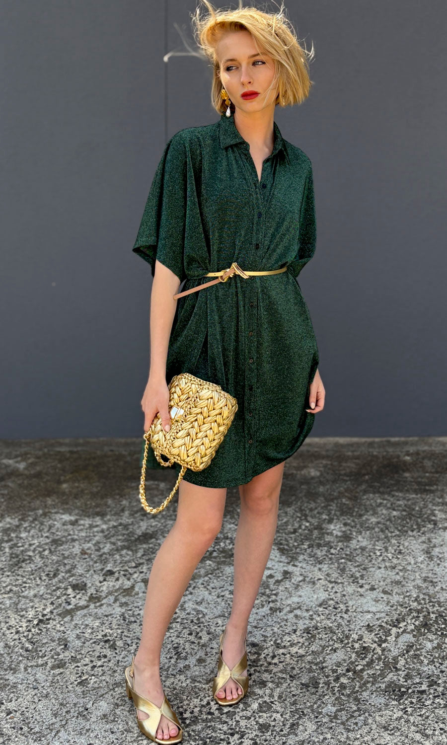 MOMONÌ — Asadeo lurex shirt dress in emerald.