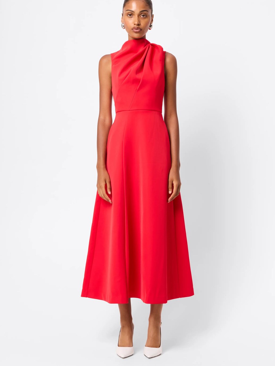 Mossman — Red A-line maxi dress with a draped bodice and defined waist.