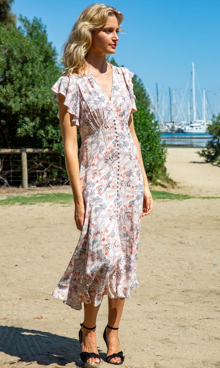 HOSS — Eden dress in soft apricot print.