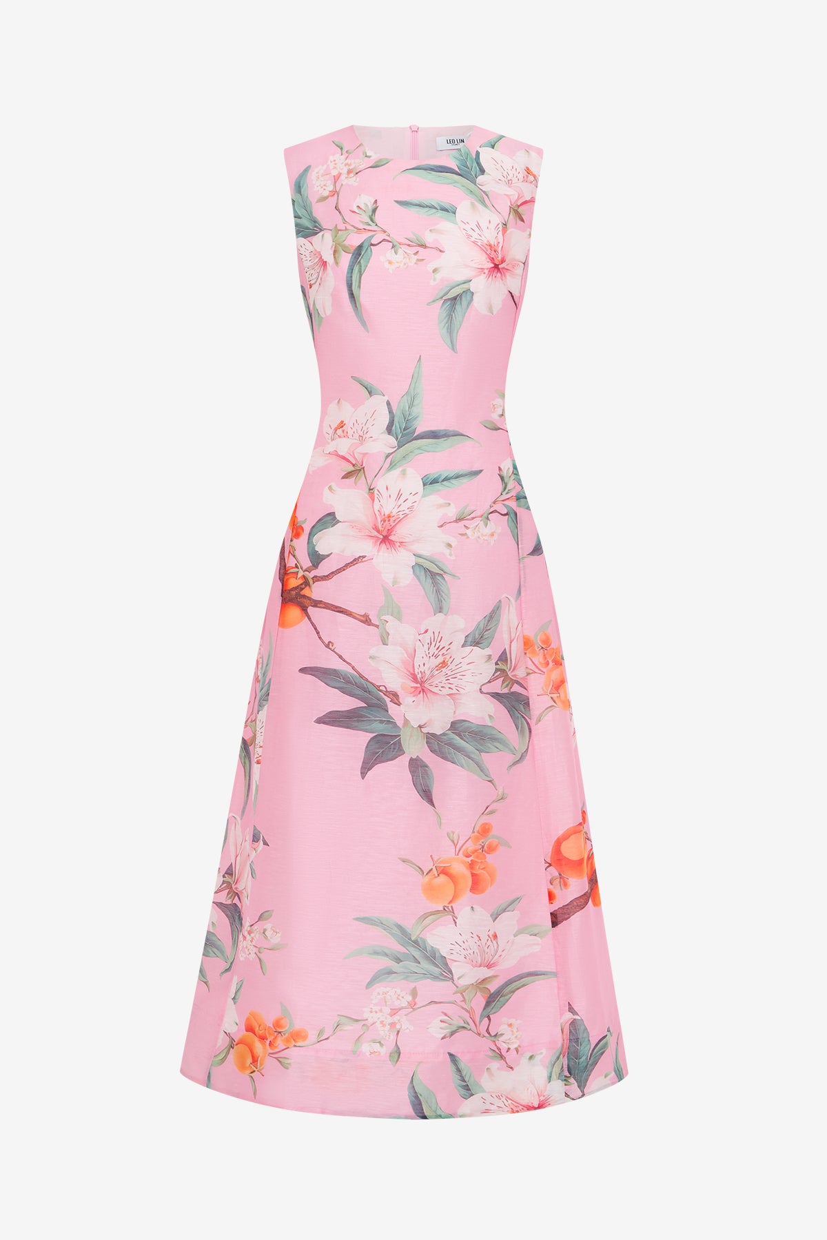 LEO LIN — Cleo printed sleeveless midi dress in pink.