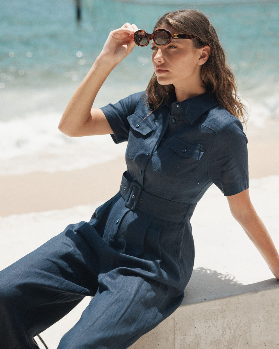 Amelius — Portsea linen jumpsuit in navy.