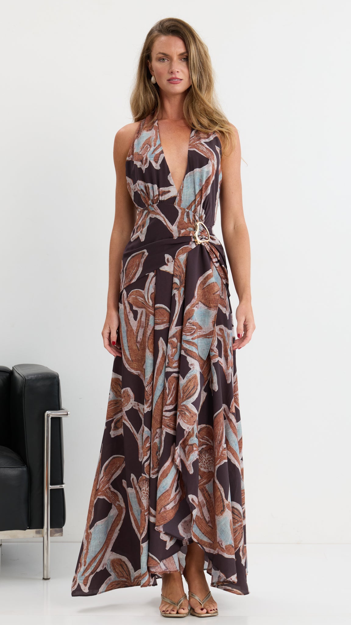 Out With Audrey — Julia halter maxi dress in chocolate blue botanical.