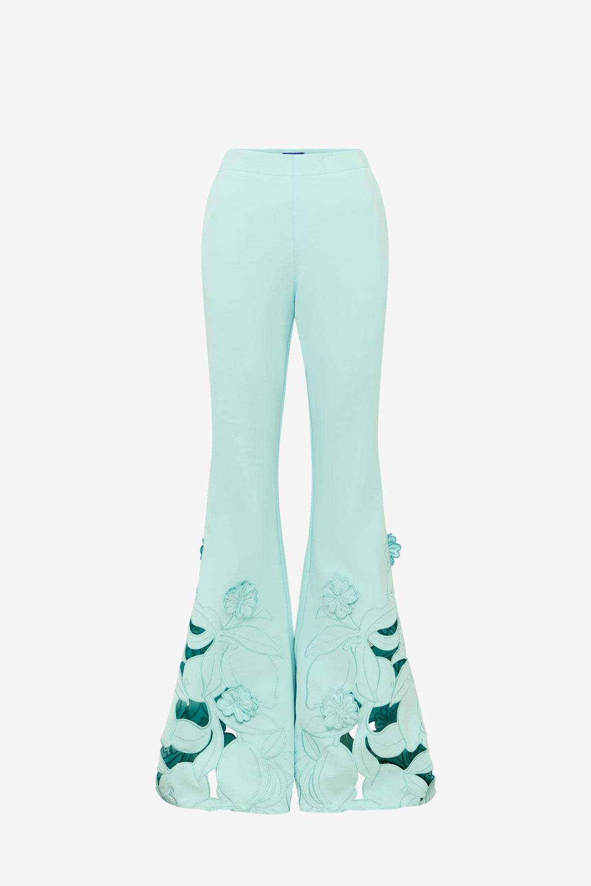 LEO LIN — Vera appliqué flared pants in pale turquoise.