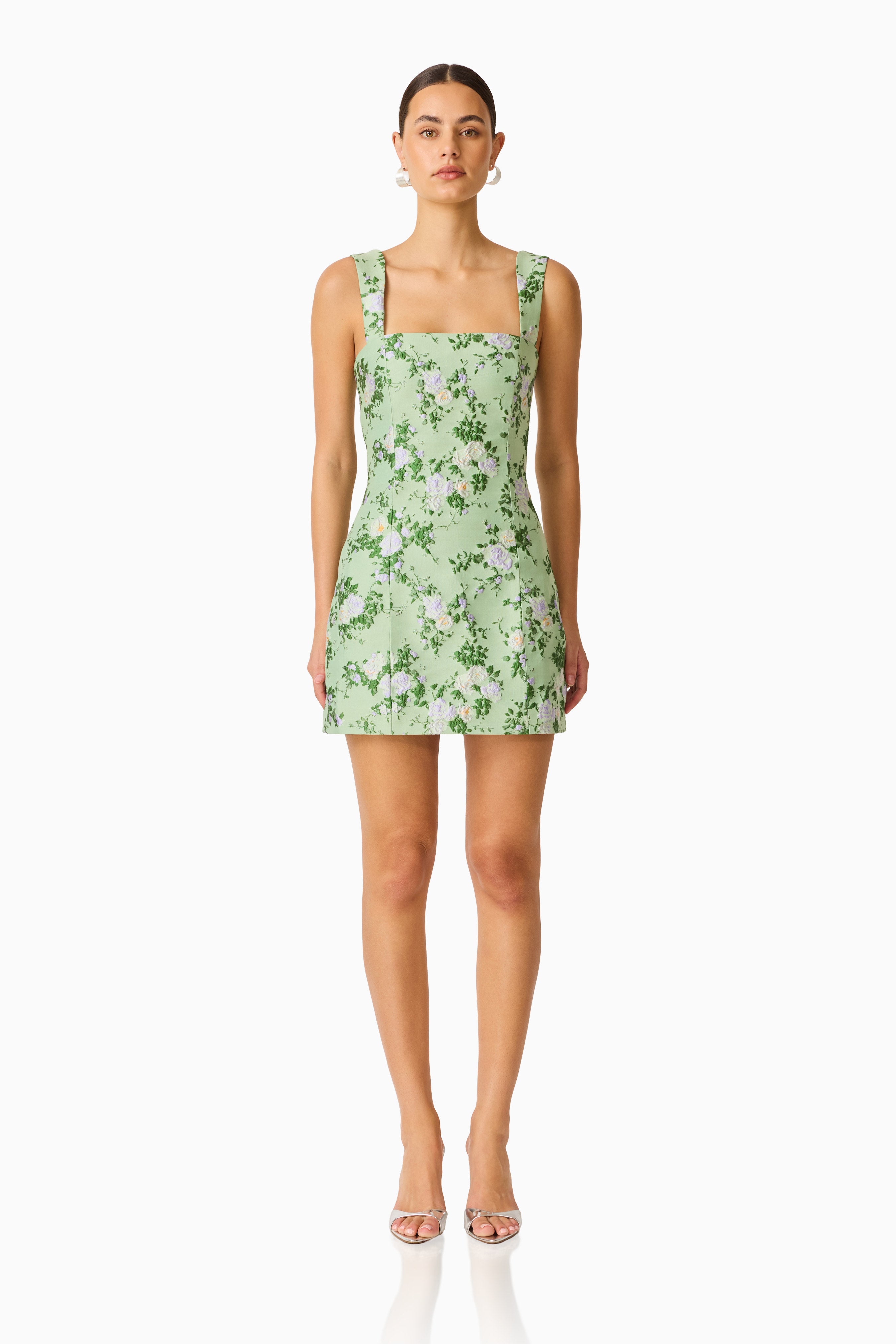 ELLIATT — Christina jacquard mini dress in green floral.