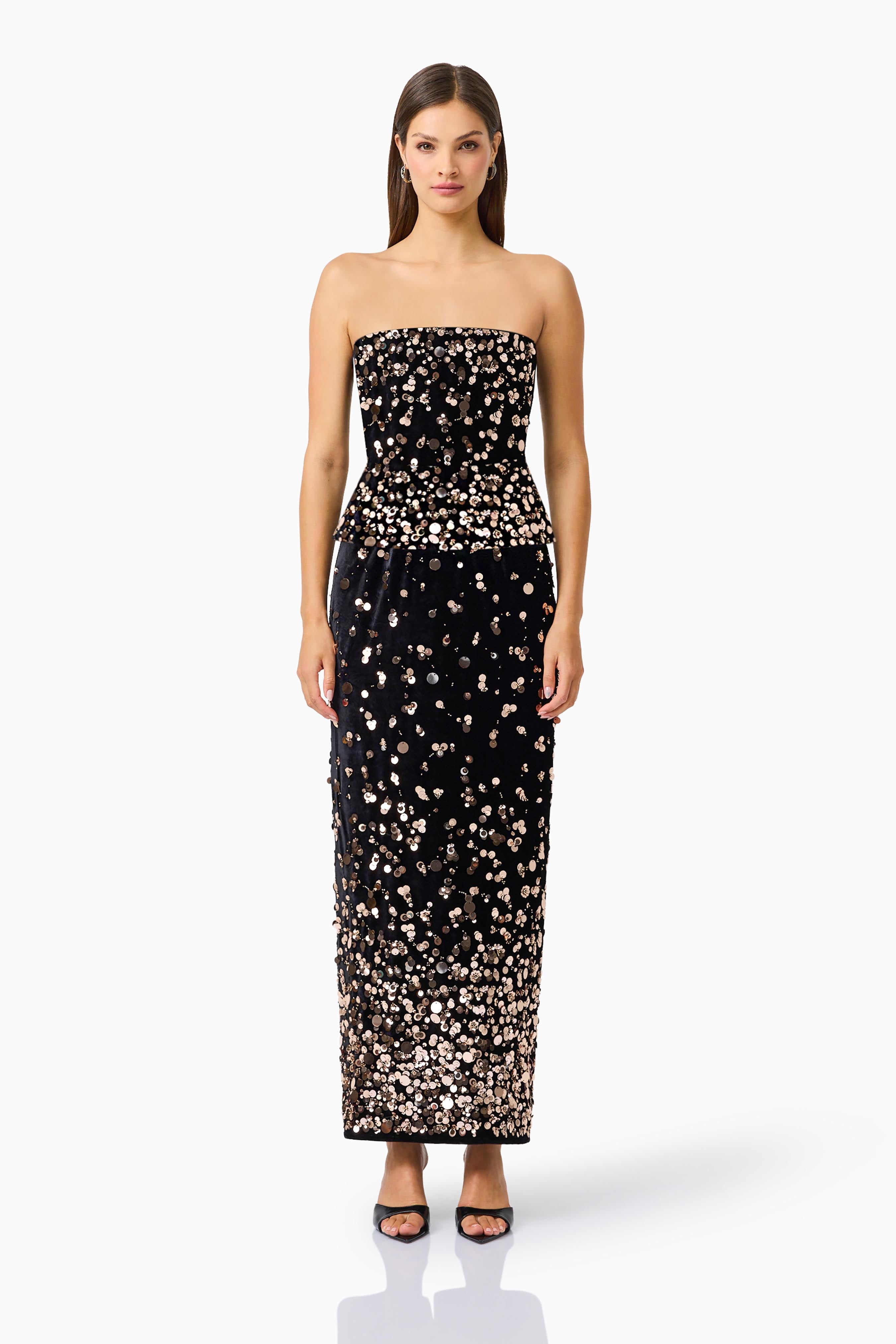 ELLIATT — Primelle embellished top and maxi skirt set in black and gold.