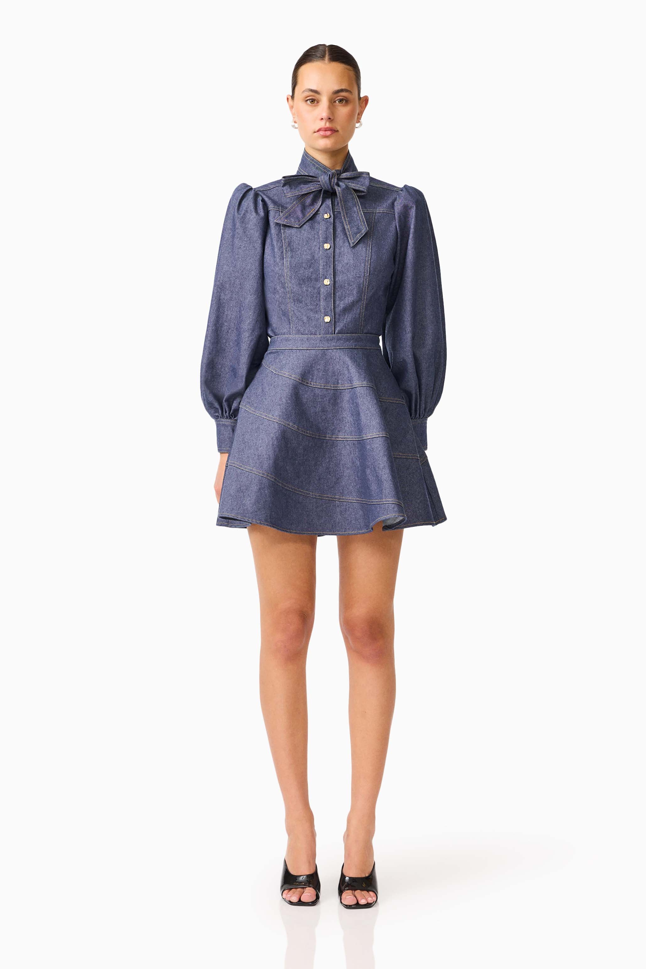 ELLIATT — Vana denim blouse and skirt set in blue.