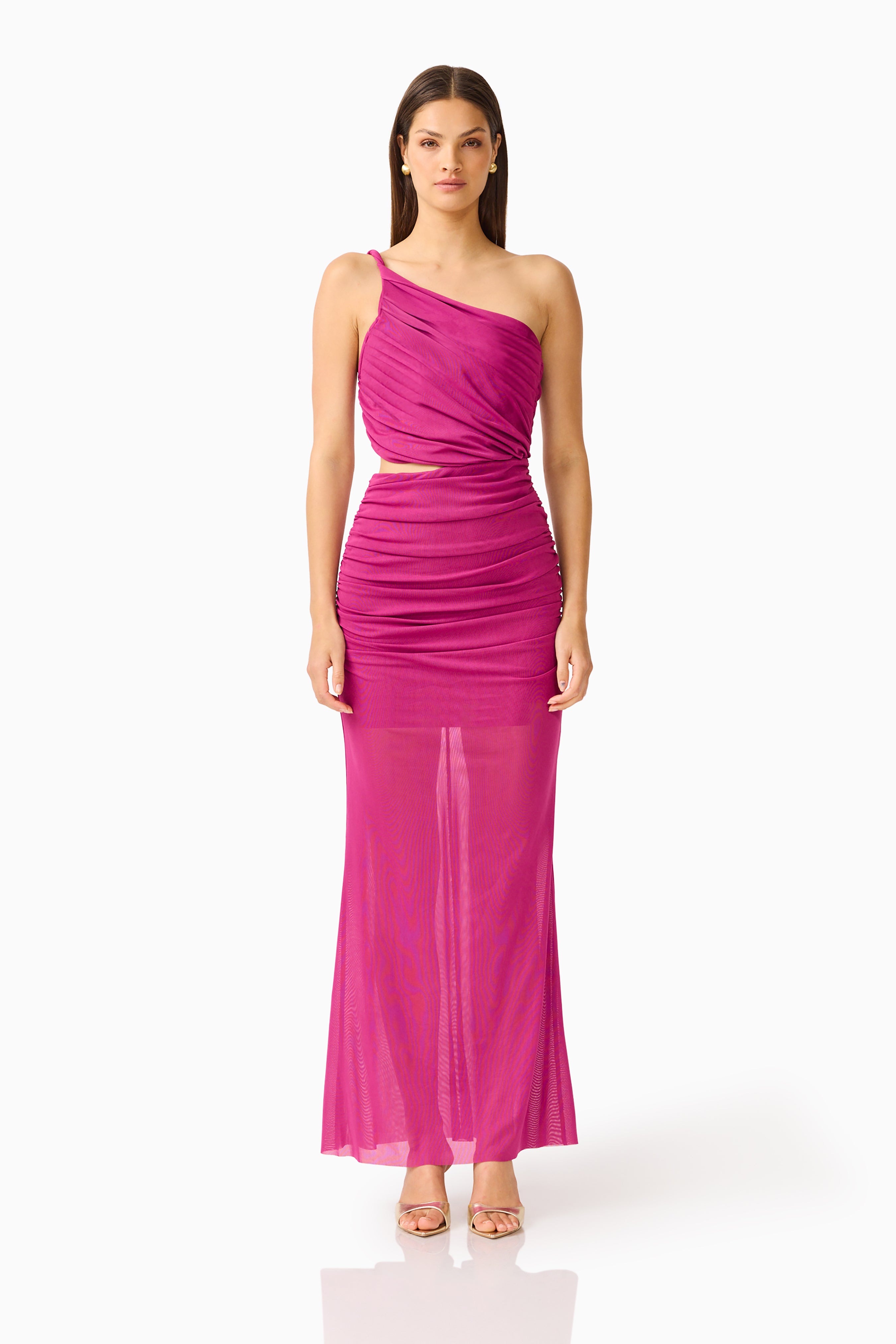 ELLIATT — Azura one-shoulder maxi dress in magenta pink.