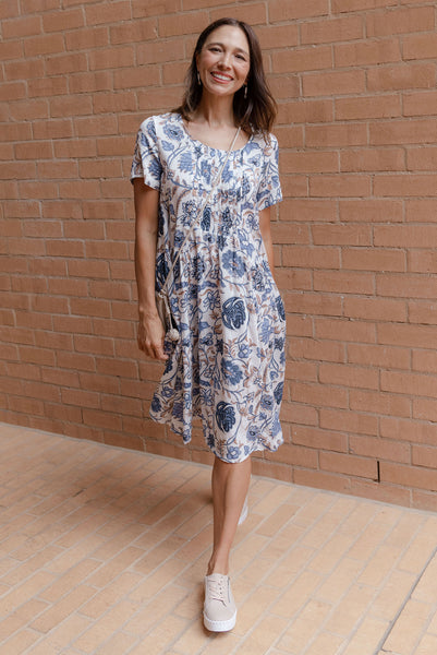 Blue Bungalow — Murano blue botanical cotton dress.