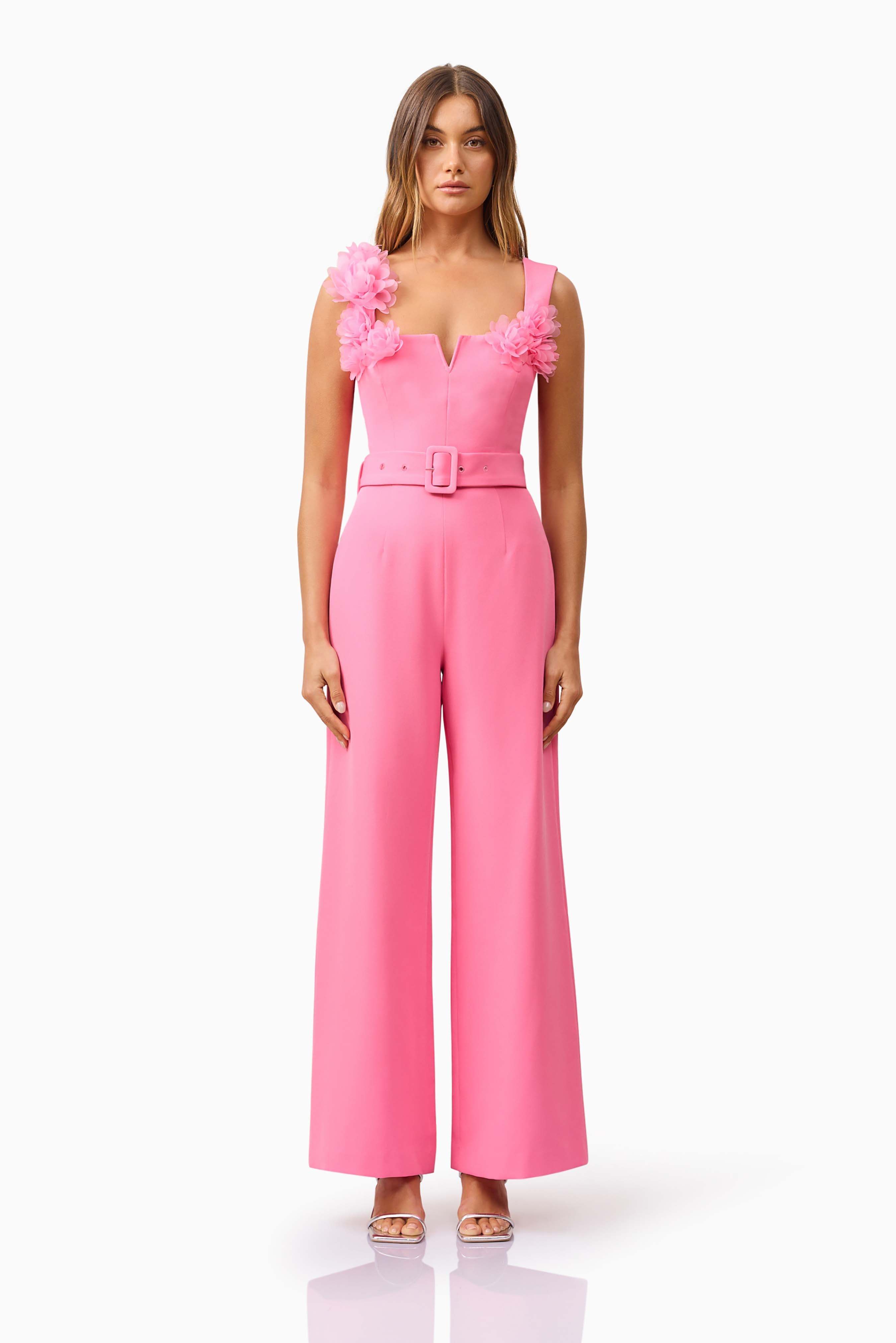 ELLIATT — Pink wide-leg jumpsuit with a tailored bodice and floral appliqués.
