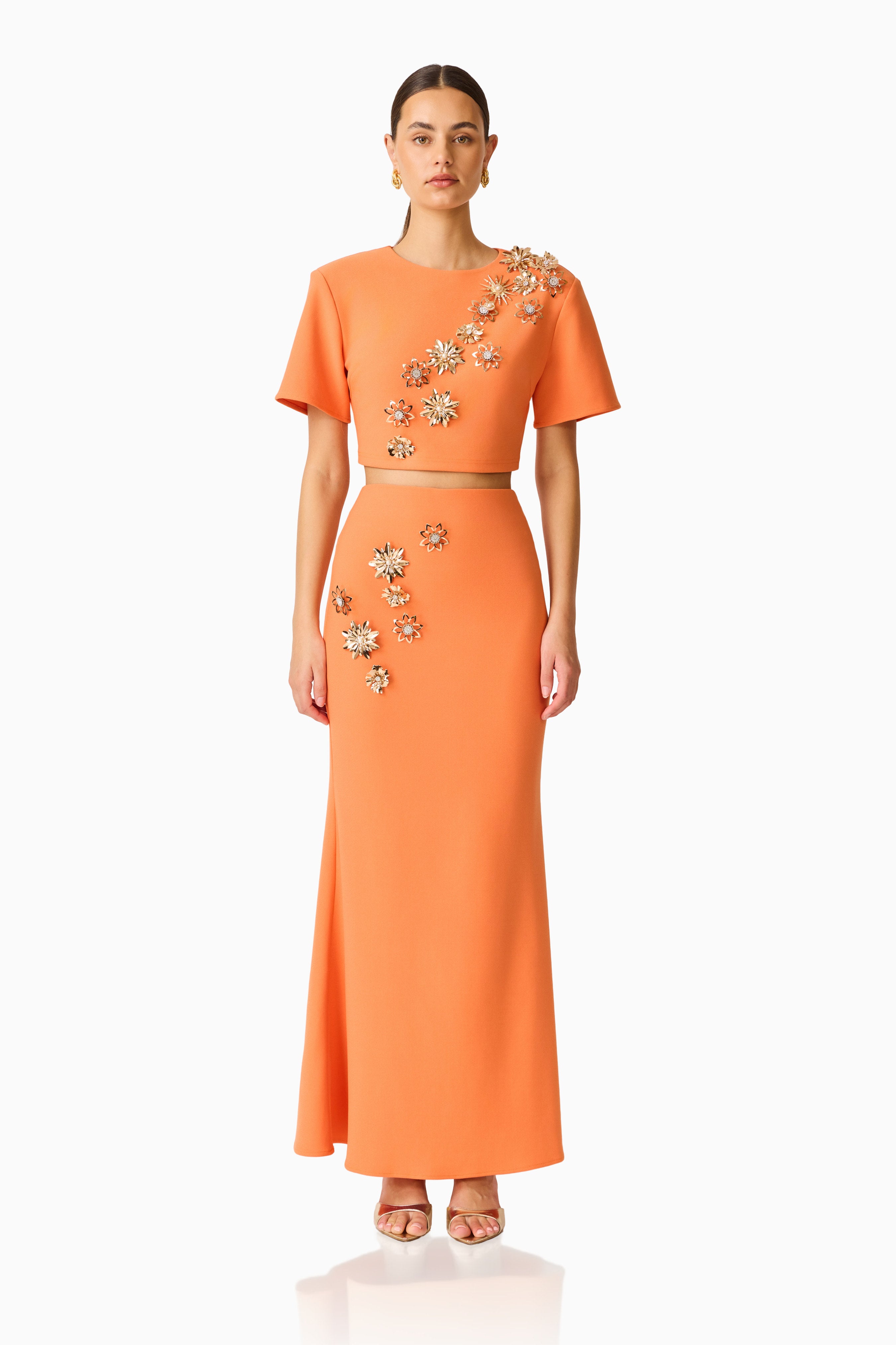 ELLIATT — Solae floral top and skirt set in orange.