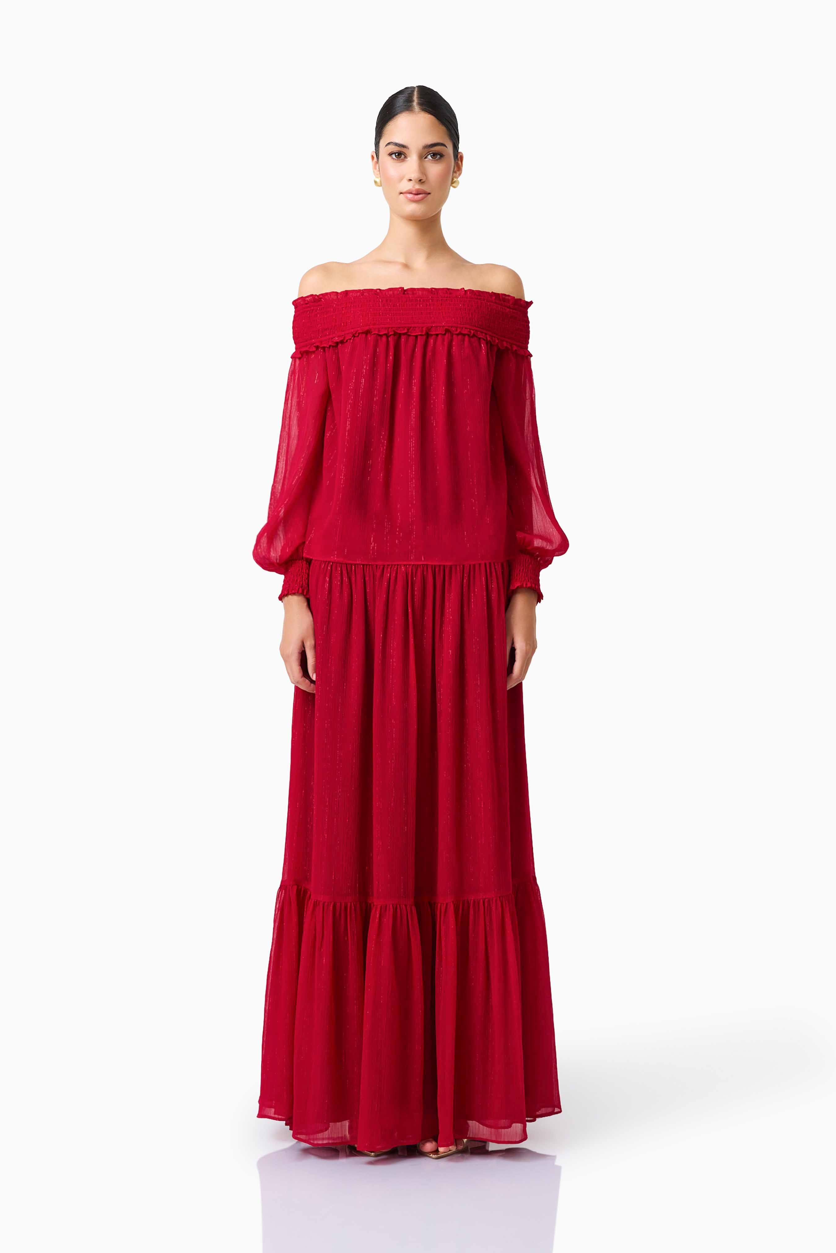 ELLIATT — Zanetta top and maxi skirt set in berry red.